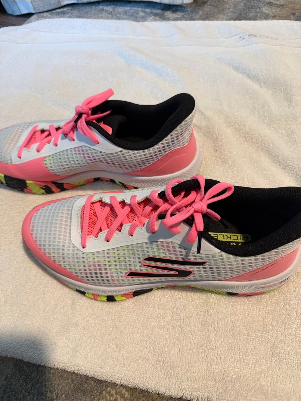 Skechers Women's White Pink Athletic Sneakers with Neon Accents - Picture 2 of 5